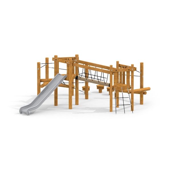 Wooden children's playground structure with slide and climbing nets, product named Etna.