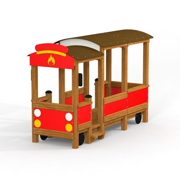 Wooden fire brigade car playground structure with red panels and fire symbol.