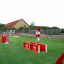 Outdoor Ball Catcher playground equipment with red and white obstacles on green field.