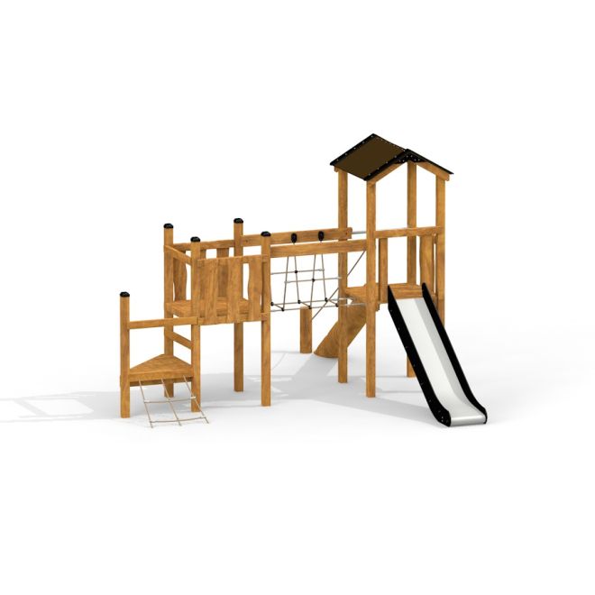 Triangle Modern Nature wooden playhouse with slide and climbing nets.