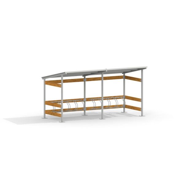 Bike Parking II covered bicycle rack with wooden slats and metal frame.