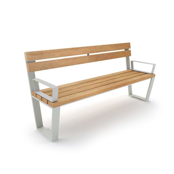 Modern Ryga Bench with wooden seat and backrest, and metal armrests and legs.