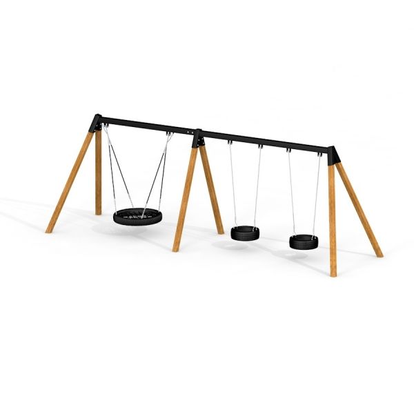 Triple swing set with wooden legs and black seats for playground use
