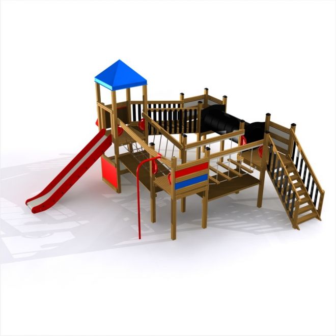 Queen Jubilee playhouse with slide featuring a tower, climbing structure, and tunnel