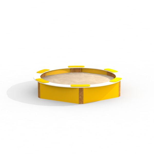 Yellow HPL Sandbox for children with seating areas.