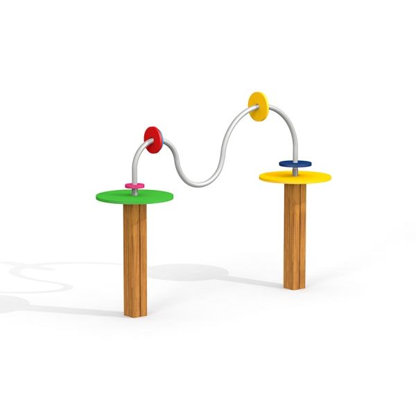 Playground Rings structure with colorful wooden posts and metal loops.