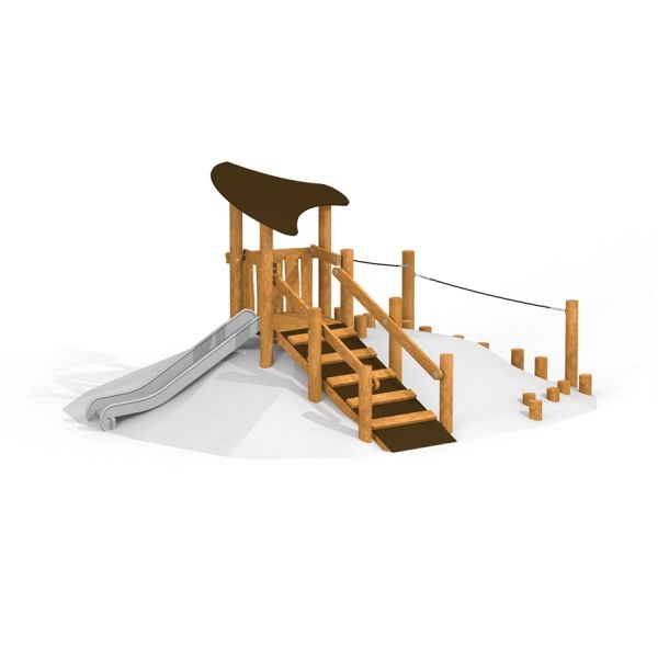 Wooden playground structure with slide and climbing stairs Hekla.