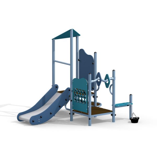 Chronos playhouse with slide made of blue and grey materials, featuring a slide, climbing structures
