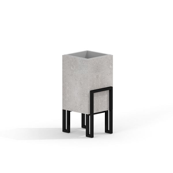 Concrete Thor bin with black metal stand.