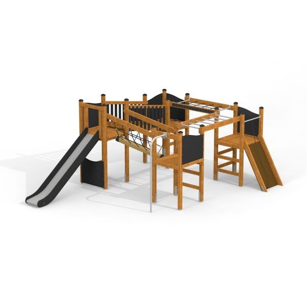 Wooden playground structure with slides and climbing features, Challenger Nature II.