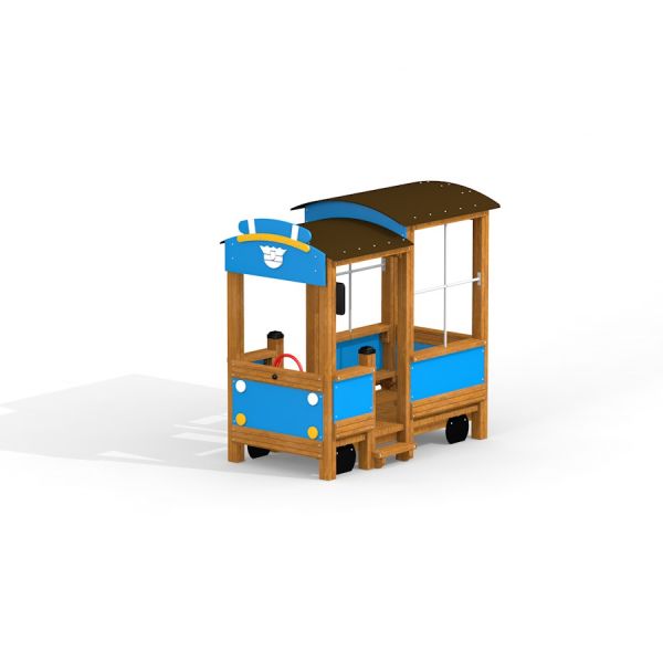 Police truck wooden playground structure with blue accents.