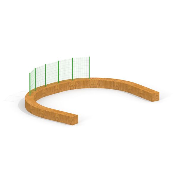 Multiarena Wooden semicircular wooden sports barrier with green mesh fencing.
