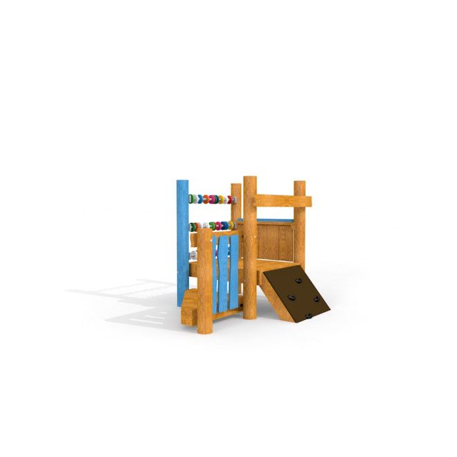 Captain's Bridge wooden playground climbing structure with colourful beads and small climbing wall.