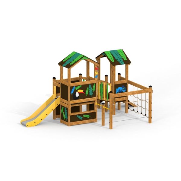 Jungle House playhouse with slide and climbing net