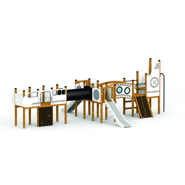 Children's playground structure designed as an airplane.