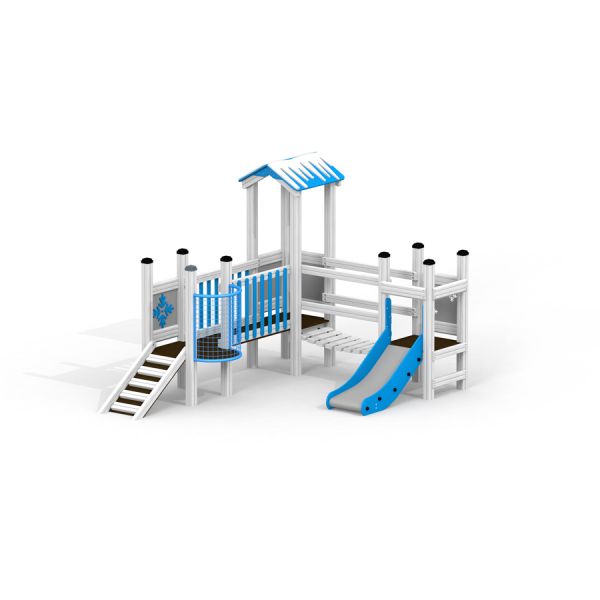 Winter Castle playhouse with slide, white and blue children's playground set.