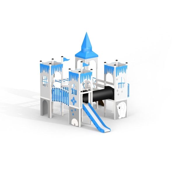 Winter Palace castle with slide, white and blue playground structure for kids.