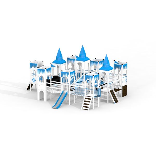 Winter Mansion playground equipment with blue and white castle design and slides.