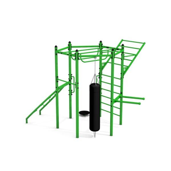 Green Hexagon Training Set with climbing ladders, pull-up bars, and a hanging punching bag.