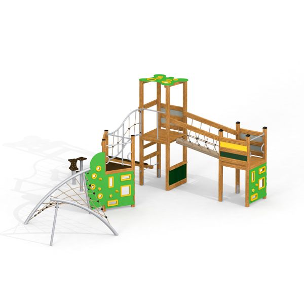 Vilcabamba wooden playhouse with climbing net and bridges for children.