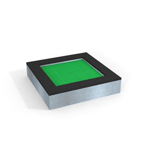Square trampoline (125 cm) with green jumping mat and safety frame.