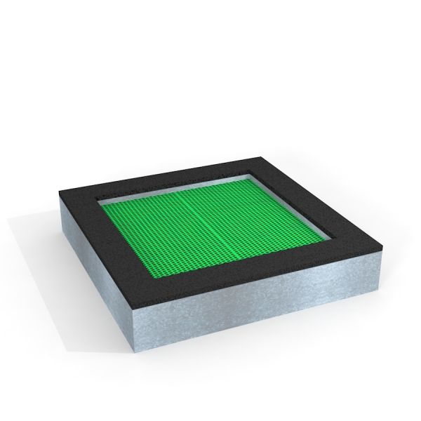 Square trampoline (150 cm) with green mat and black border.