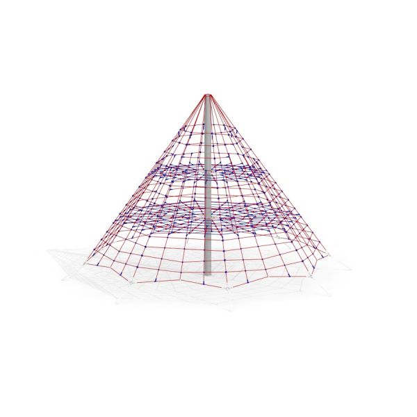 Tivano climbing net in a pyramid shape with red and blue ropes.