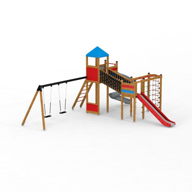 Twister Playground Tower w/ Slide & Double Swing Arm wooden play structure with slide and two swings