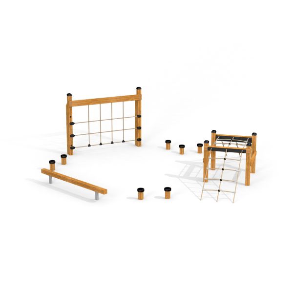 Wooden obstacle course for children with climbing and balancing elements