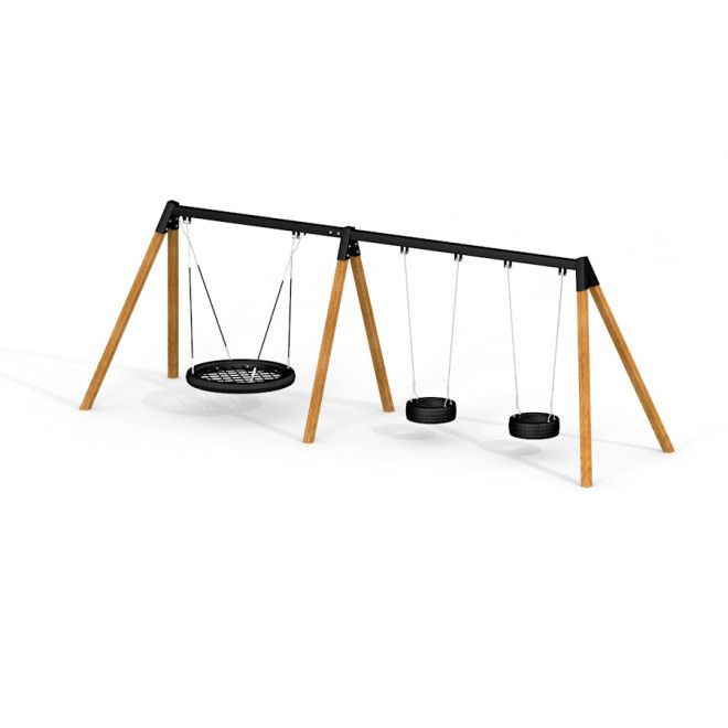 Double Bay Wooden Swing with one bird nest seat and two tyre seats on wooden frame playground equipm