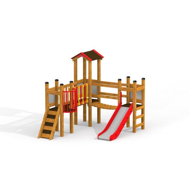 Wooden Fortress II playground structure for children with slide and climbing features