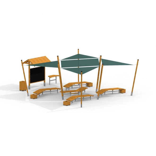 Outdoor Classroom with wooden benches, sunshades, blackboard and plant pots playground equipment