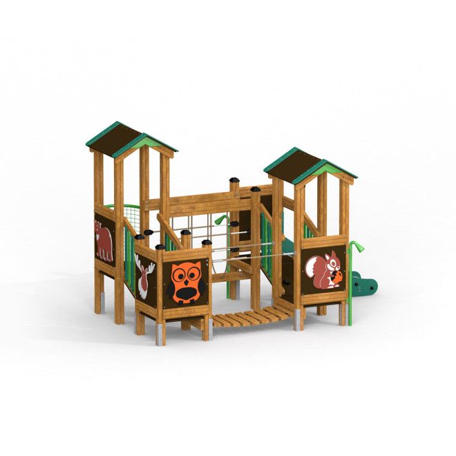 Forest Treehouse wooden playground structure with animal-themed panels and climbing features