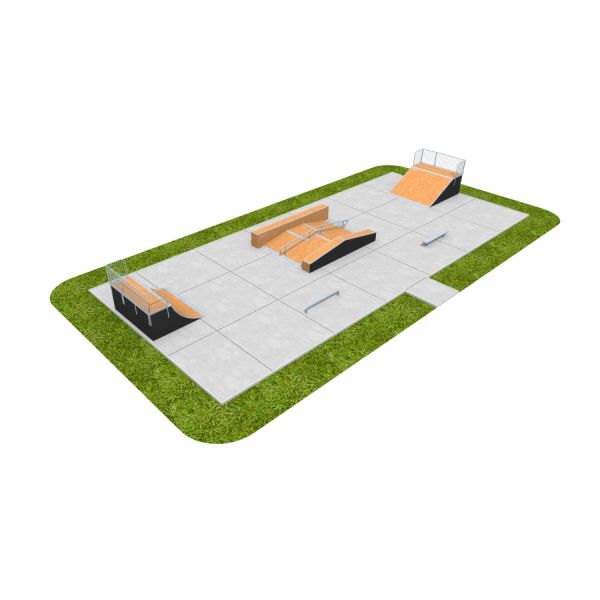 Skate Park 10 with multiple ramps and rails on a concrete surface bordered by grass