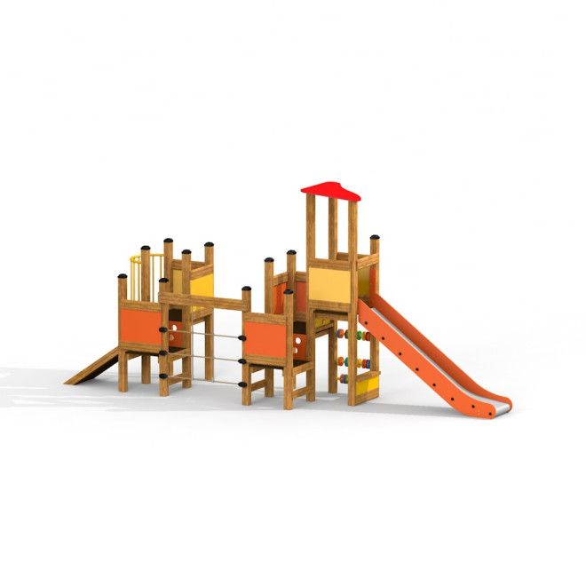Tower with Slide playground equipment with wooden structure and orange slide