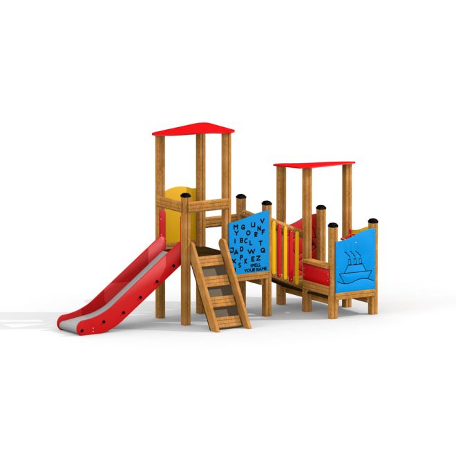 Outdoor play equipment Towers with Slide & Educational Boards featuring red roofs and a slide.