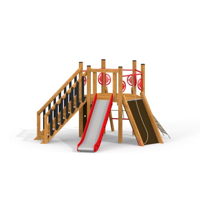 Playground structure 'Six Angle w/ Stairs & Slide (H120)' featuring stairs, a slide, and climbing el