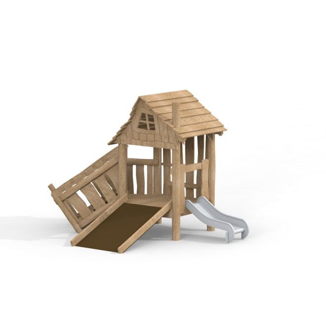 Tambora Eco wooden playground house with slide and climbing ramp.