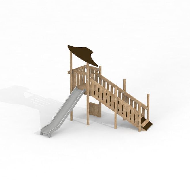 Elbrus Eco wooden playground slide with stairs and shaded canopy