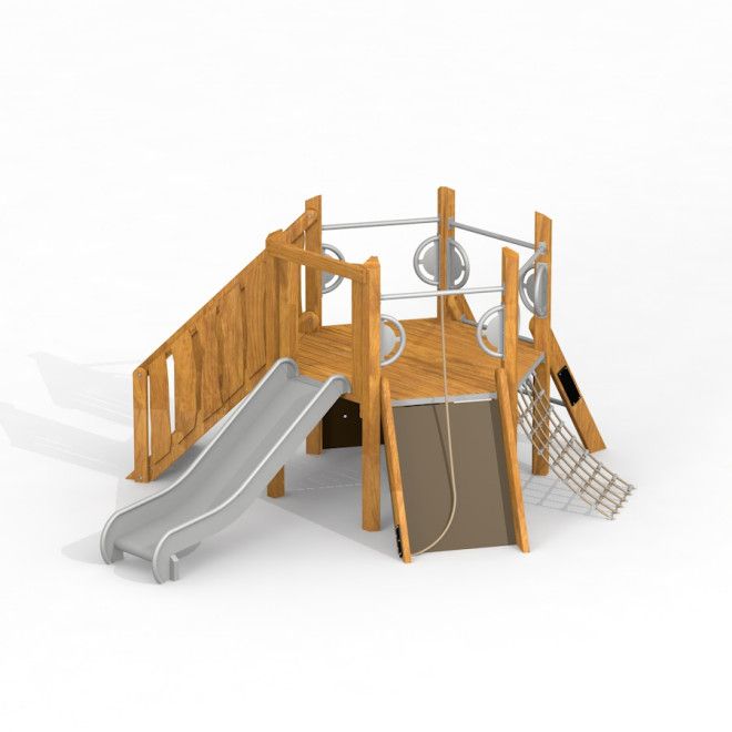Six Angle w/ stairs & slide (H90) wooden playhouse with climbing net and rope for children’s playgro