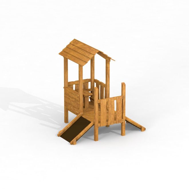Wooden Playhouse True Nature playground climbing structure with small slide and roof