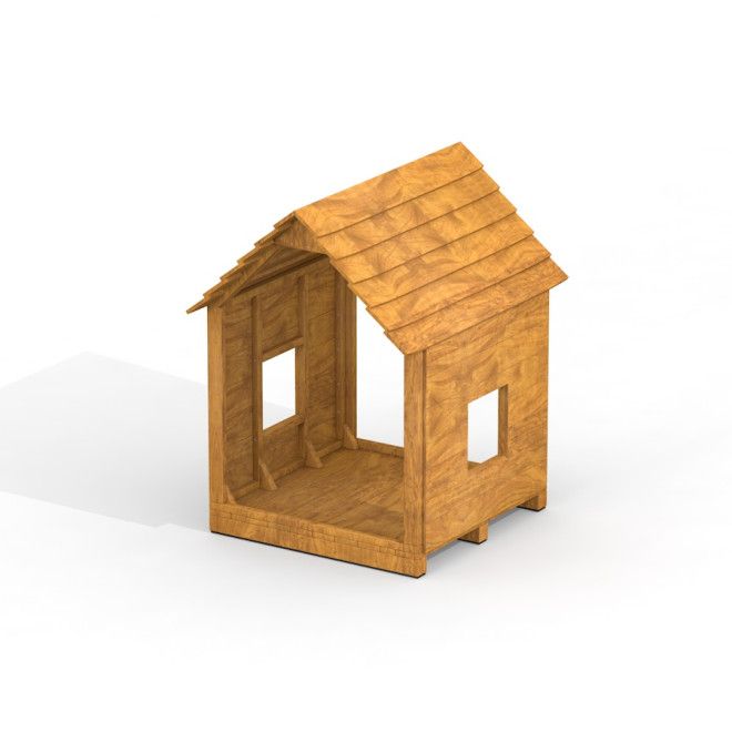 Nature lodging wooden playhouse with open sides and pitched roof