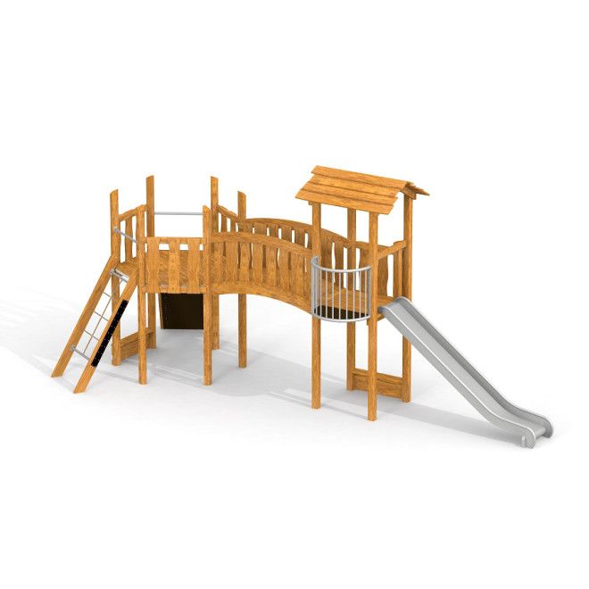 Hexagon II single slide True Nature wooden playground structure with slide and climbing elements.