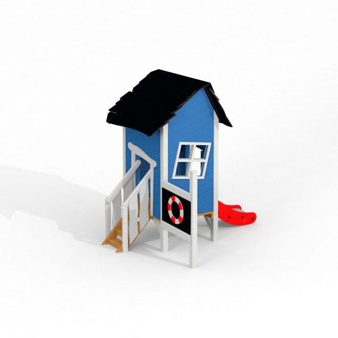 Lena's playhouse with a slide in blue and white with red slide on playground