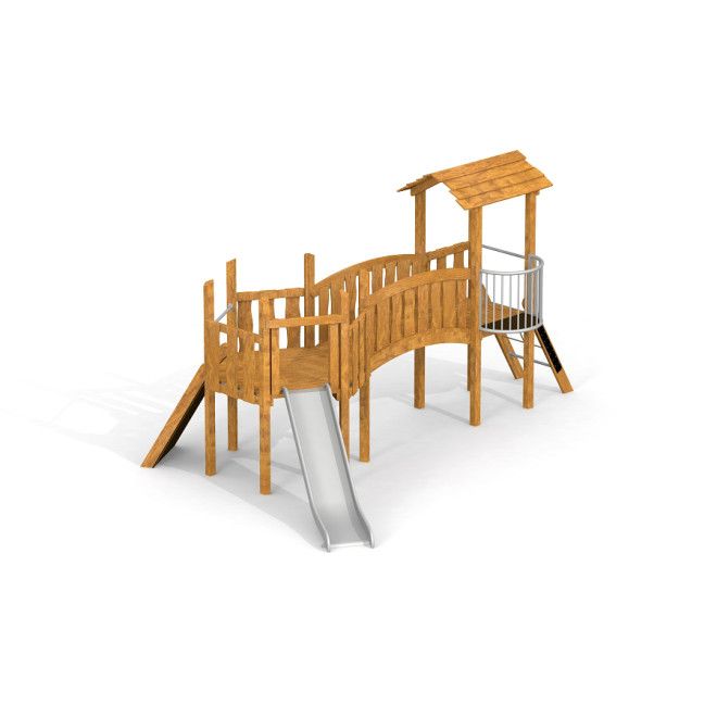Hexagon single slide True Nature wooden playground structure with slide and climbing ramp