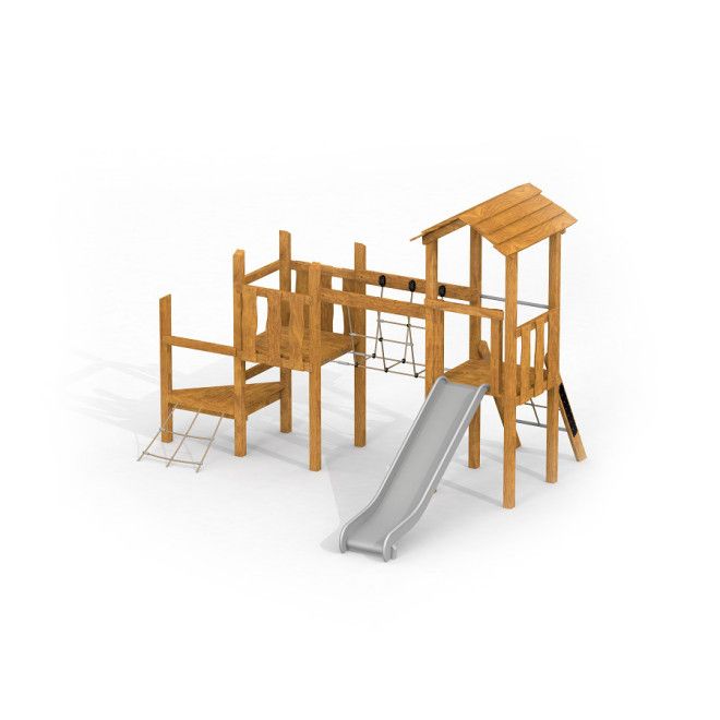 Triangle wooden playhouse with slide made of natural wood for playground activities