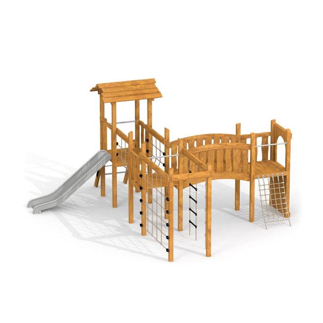 Romping Cottage True Nature wooden playground with slide and climbing nets