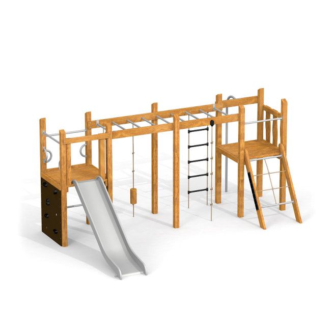 Zebra single slide True Nature wooden playground equipment with climbing wall, slide and monkey bars