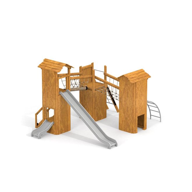 Aconcagu True Nature wooden playground structure with slides and climbing nets
