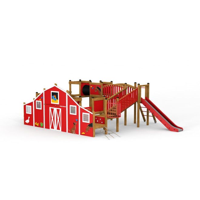 Barn playground climbing structure with slide and tunnel in red and wood design